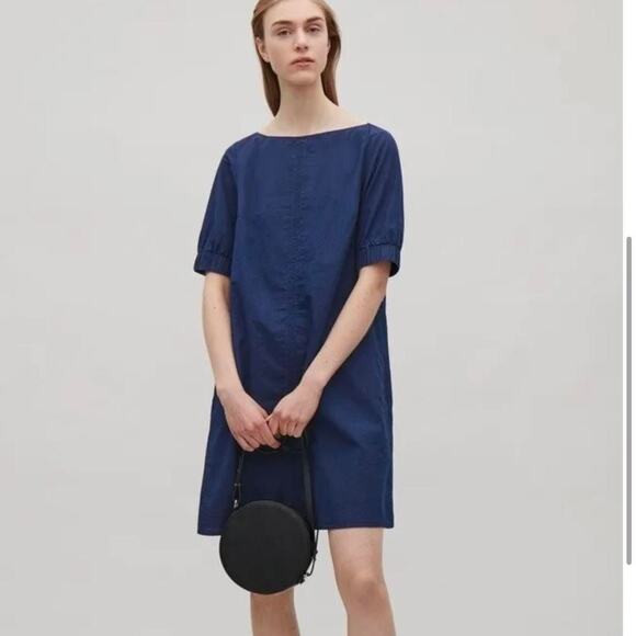 [COS] Blue Chambray Denim Half Sleeve Boat Neck Shift A-Line Mini Dress Size 6 - Picture 13 of 13